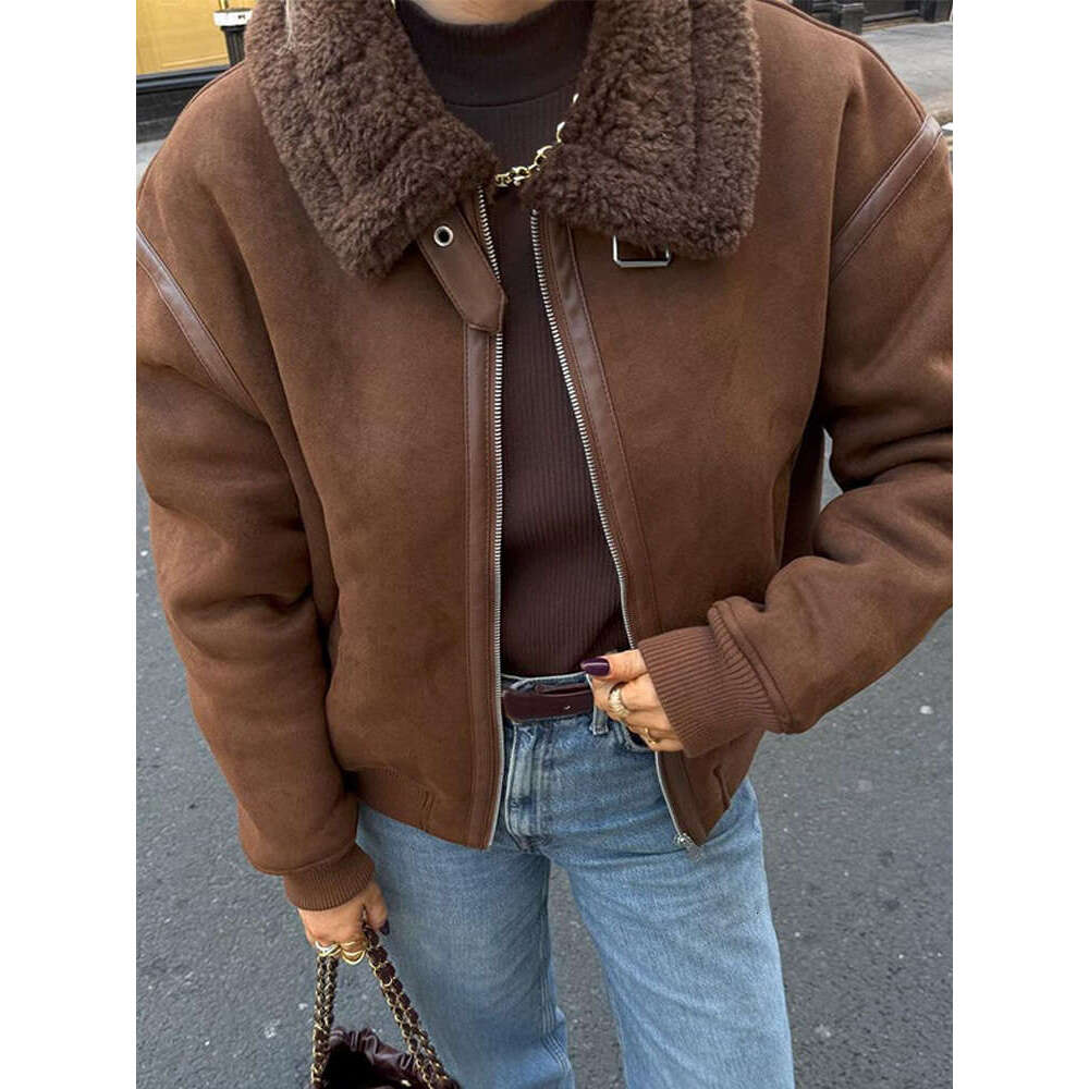 Chic Brown Adjustable Long Sleeve Wool Coat Warm Lapel Zipper Patchwork Faux Fur Short Jacket New Winter Female High Streetwear