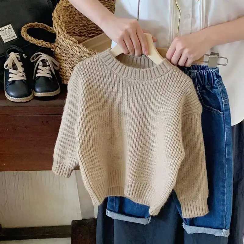 Korean style childrens sweater knitted and pulled 2024 autumn and winter new half round neck boys sweater 2-6Y girls bottom top W241025