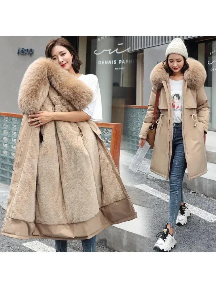 Winter Jacket 2025 Women Parka Clothes Long Coat Wool Liner Hooded Fur Collar Thick Warm Snow Wear Fashion 241021