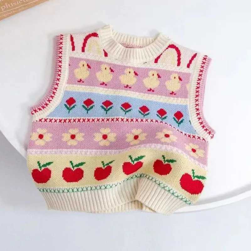 Cute baby girl knitted vest with spring and autumn cartoon stripes sleeveless pullover sweater childrens girl vest childrens clothing 1-6Y W241025
