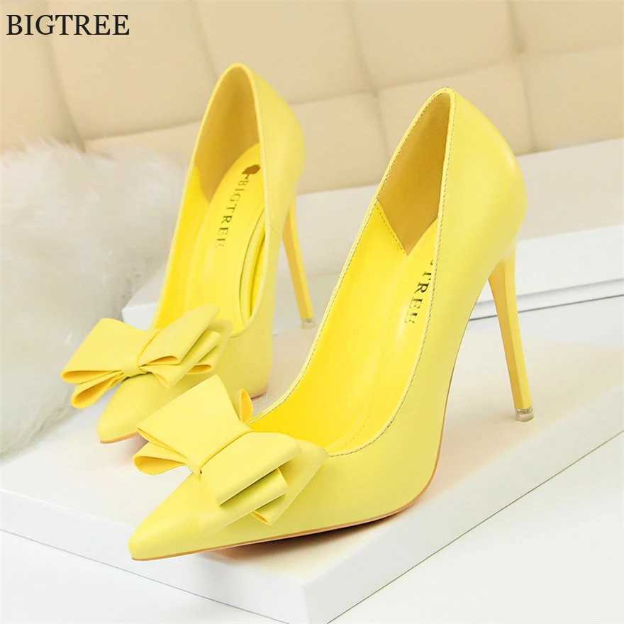 High Quality Bigtree Red Blue Black Shoes Bow Sweet Womens Pump Soft Leather Dot Toe Womens High Heels Stiletto High Heels Dress Office Womens Shoes T