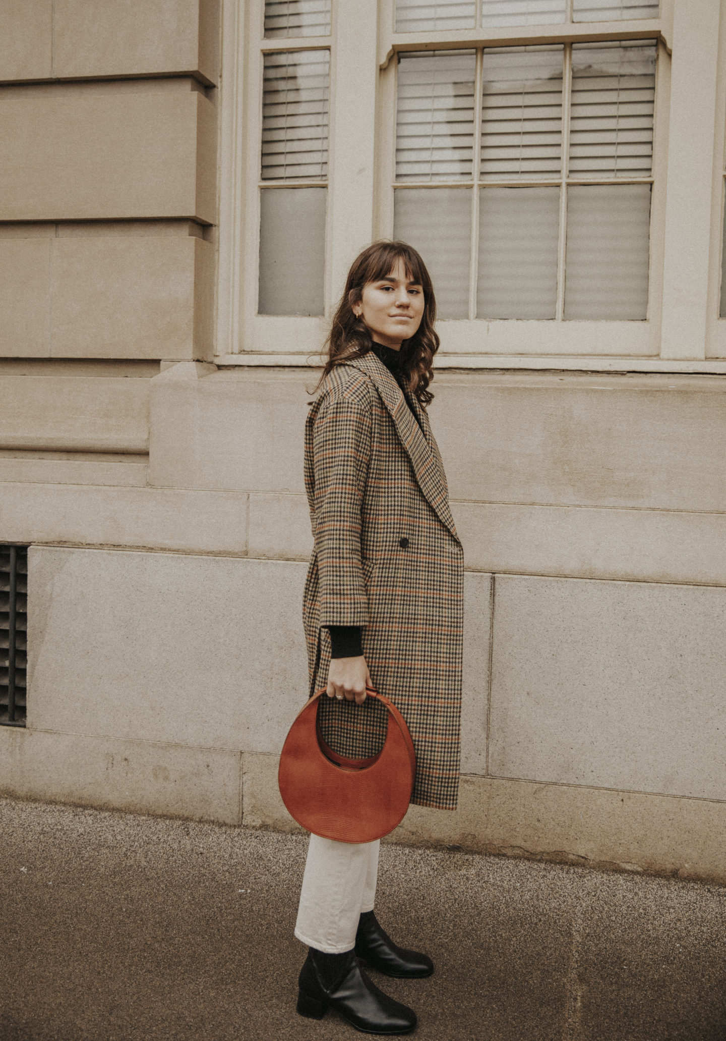 Woolen Coat For Women V Neck Loose Plaid Medium Long Coat Autumn Winter Sashes Women Business Party Dress Simple Formal Work Wear