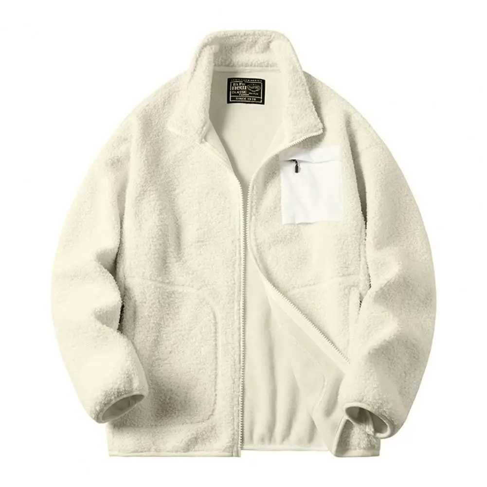 Artificial Lambswool jacket autumn zipper plaid collar long sleeved jacket with pockets W241024