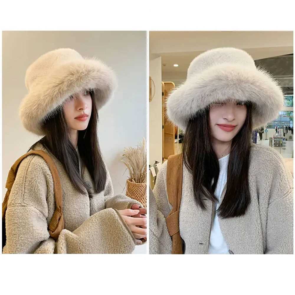 Women Faux Fur Fluffy Bucket Hat Winter Thicken Ear Protection Cap Soft Plush Casual Versatile Panama Cap Windproof Warm HatsX241025