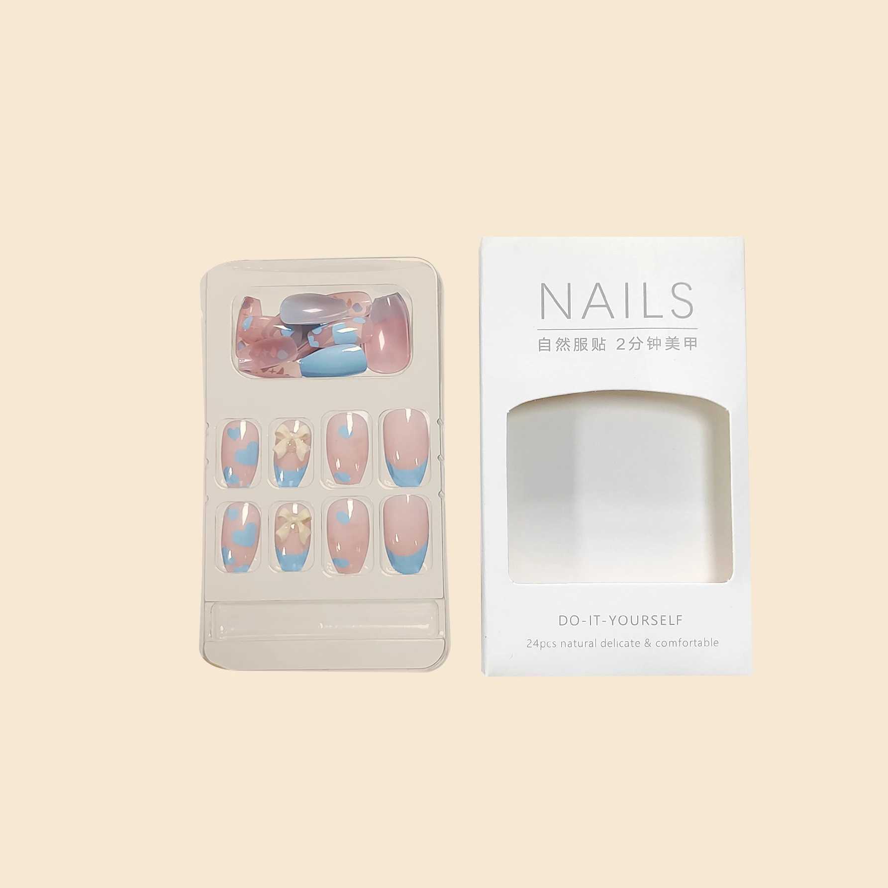 24Pcs/Set Women Girls Medium Coffin Shaped Blue French Heart Flower Yellow Bow Decoration Wearable Fake Nail Press on Nail ArtXJ241025