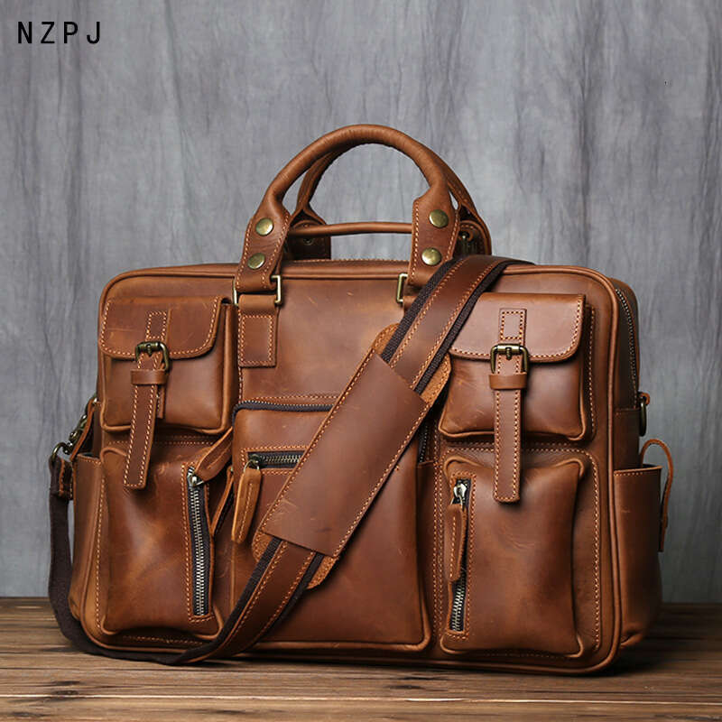 Retro Men's Handbag Top Layer Cowhide Briefcase Large Capacity Travel Crazy Horse Leather Laptop Shoulder Bag NZPJ