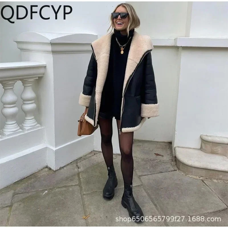 Women's Coats 2024 Autumn Winter New Fashion Large Fur Collar PU Jacket Top Casual Loose Thickened Warm Faux Leather Coat Women