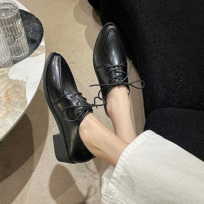 High Quality Spring/Summer New Leather Shoes Womens Square Heel Corner Toe Oxford Shoes Derby Casual Fi Womens Dress Shoes T241024