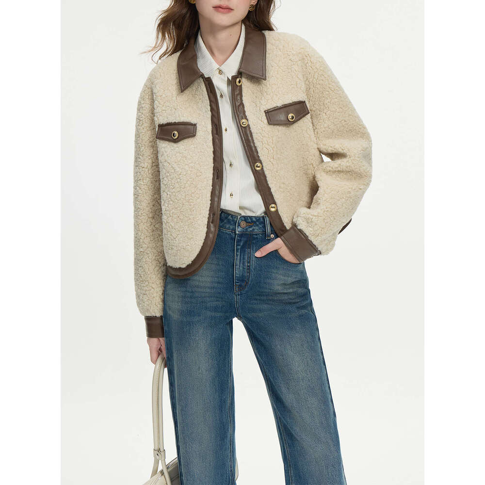 FSLE Office Lady Color Blocking Lapel Imitation Lamb Faux Fur One-Piece Short Jacket For Women's Winter 2024 New 24Fs14601