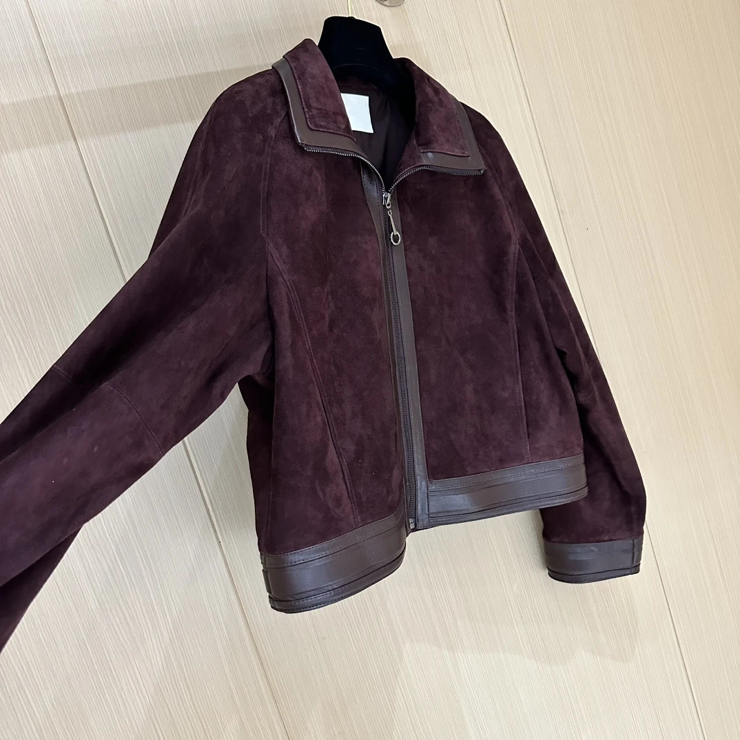 Genuine leather womens autumn solid sheepskin lapel zipper Normcore fashion basic womens clothing 241024