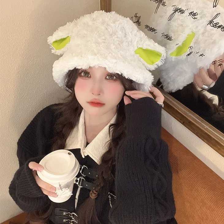 FLuffy Lamb Ear Bucket Hat Cute Sheep Ears Faux Fur Plush Beanies Winter Soft Warm Caps Women Outdoor Warm Panama Fisherman HatsX241025