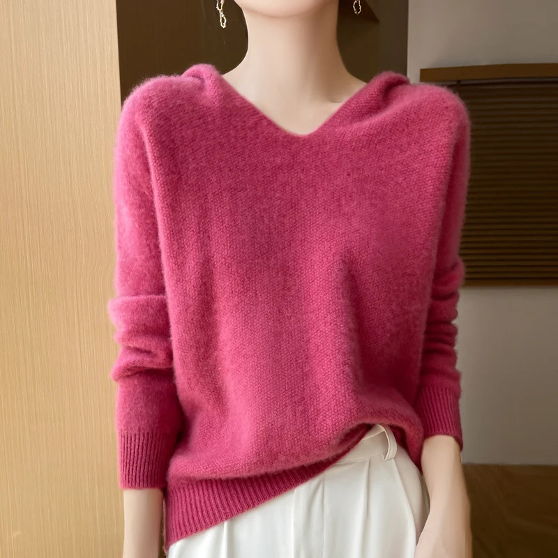 Osmanso needle Autumn and winter 100% Merino wool hoodie cashmere sweater womens Vneck warm bottom knit shirt top 241021