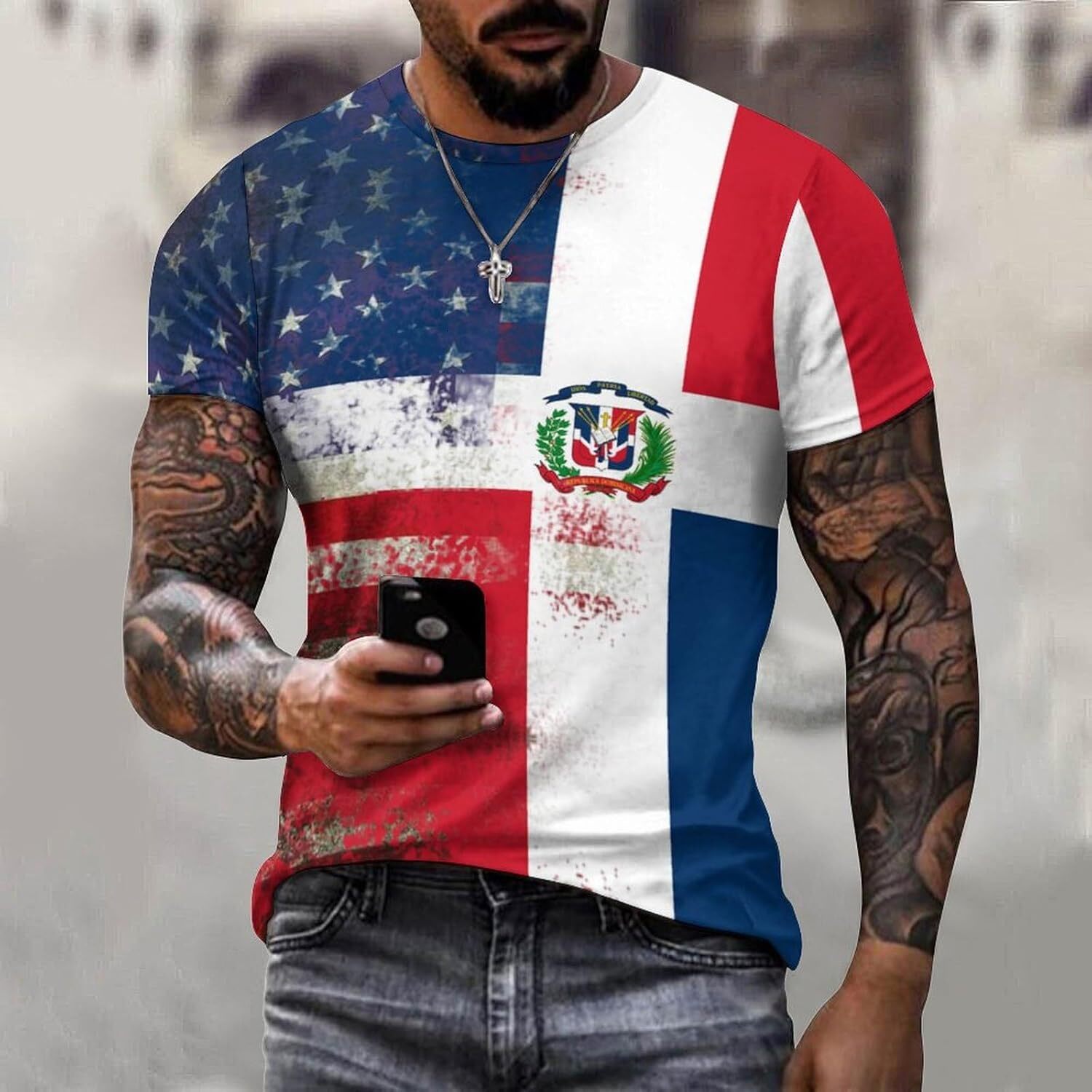 Mens T shirt Retro American Flag of The Dominican Republic Cotton T-Shirt 3D Printed Casual All-in-one fashion Shirt Men's Crew Neck T-Shirt tee 