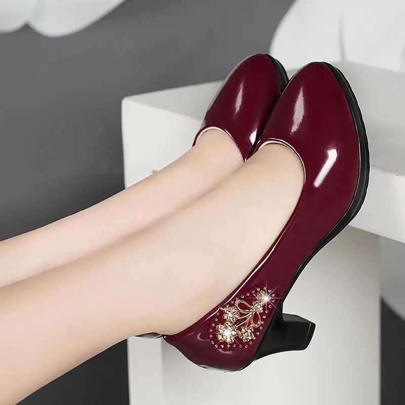 High Quality Womens Cute European Style Round Sole Black Pu Leather Square Sole Pump Womens Casual Wine Red Comfortable Summer Sole E6960 T241024