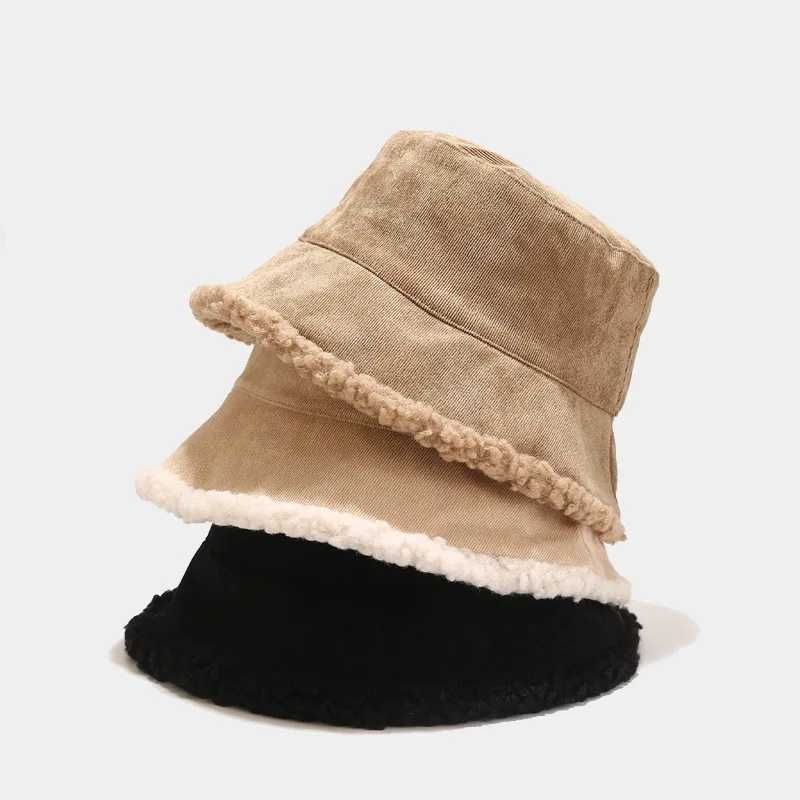 Double-sided Unisex Harajuku Bucket Hat Thick Wool Warm Fisherman Hat Korean version Outdoor Bucket Hat Women Men Panama CapX241025