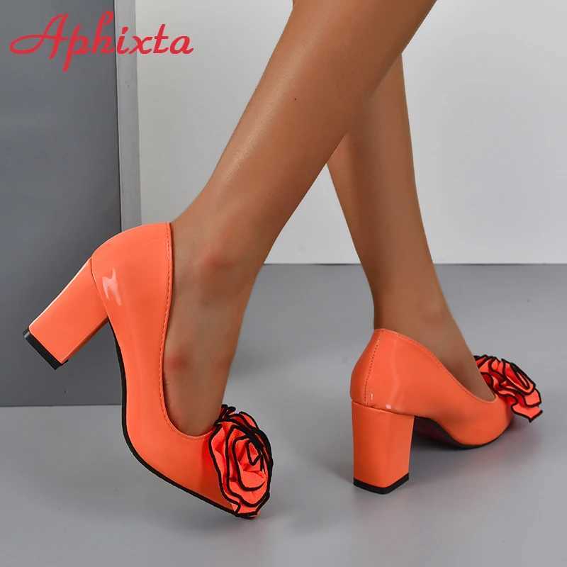 High Quality Aphixta Orange Rose 7cm Square Heel Pump Womens Shoes Student and Adult Pointed Toe Super Large Size 30-50 T241024