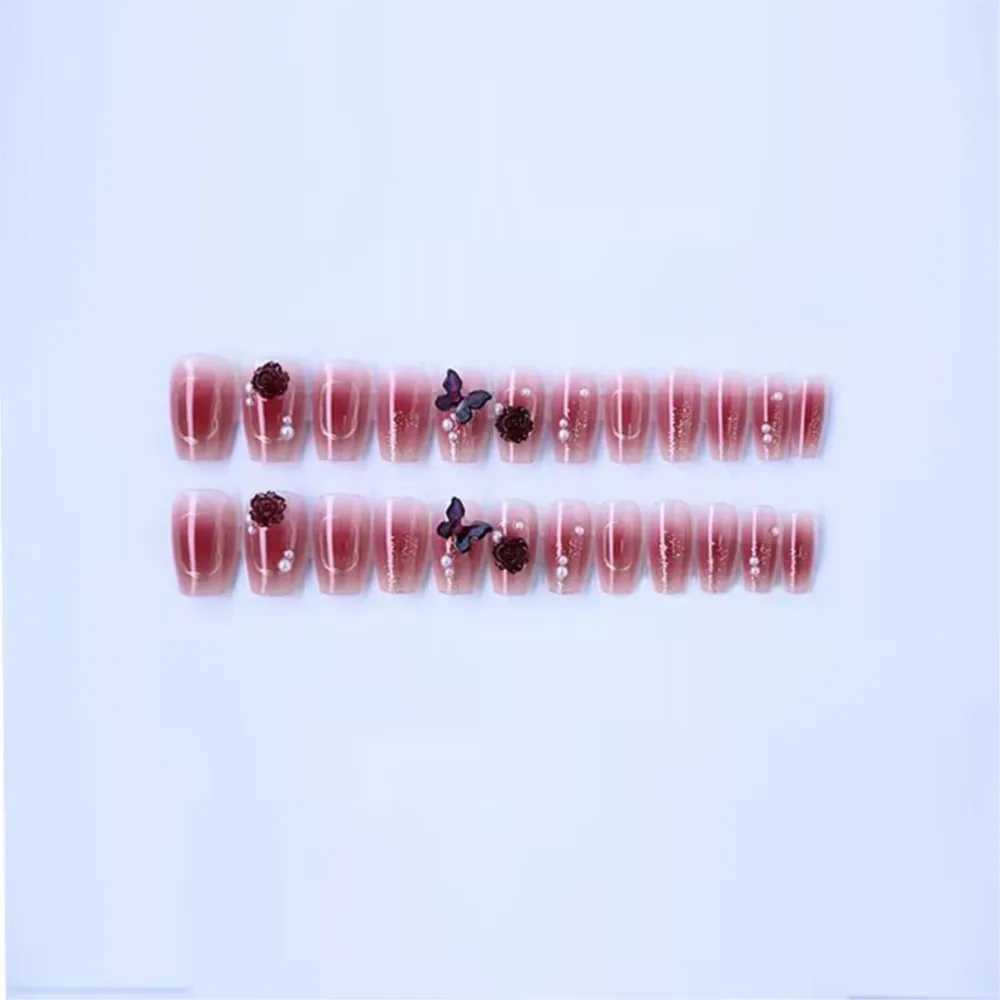 24pcs Grape Purple Blush Press On Nails Medium Coffin Fake Nails With 3D Camellia Butterfly Design Stick On Nails False Nail TipXJ241025