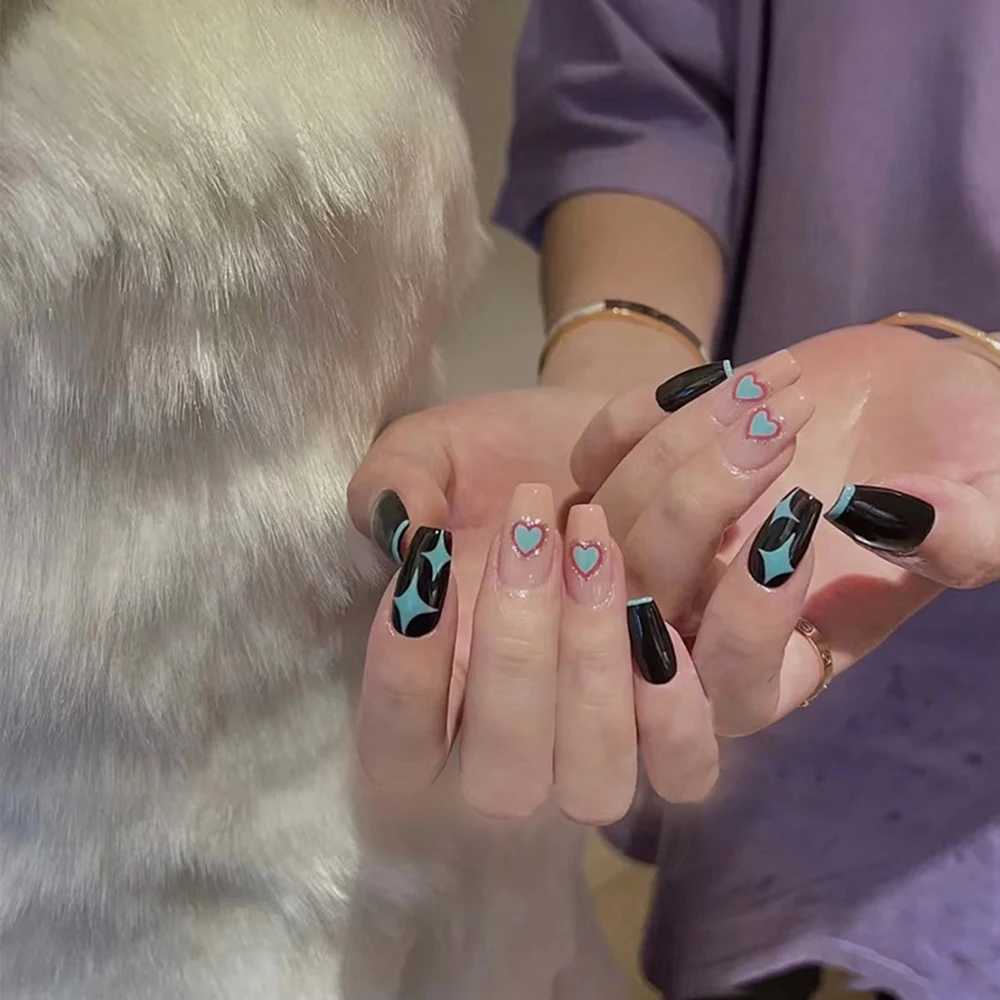 Fashion Black French Press on Nails Tips Y2K Style Clear Fake Nails with Heart Designs Short Ballet False Nails for Women GirlsXJ241025