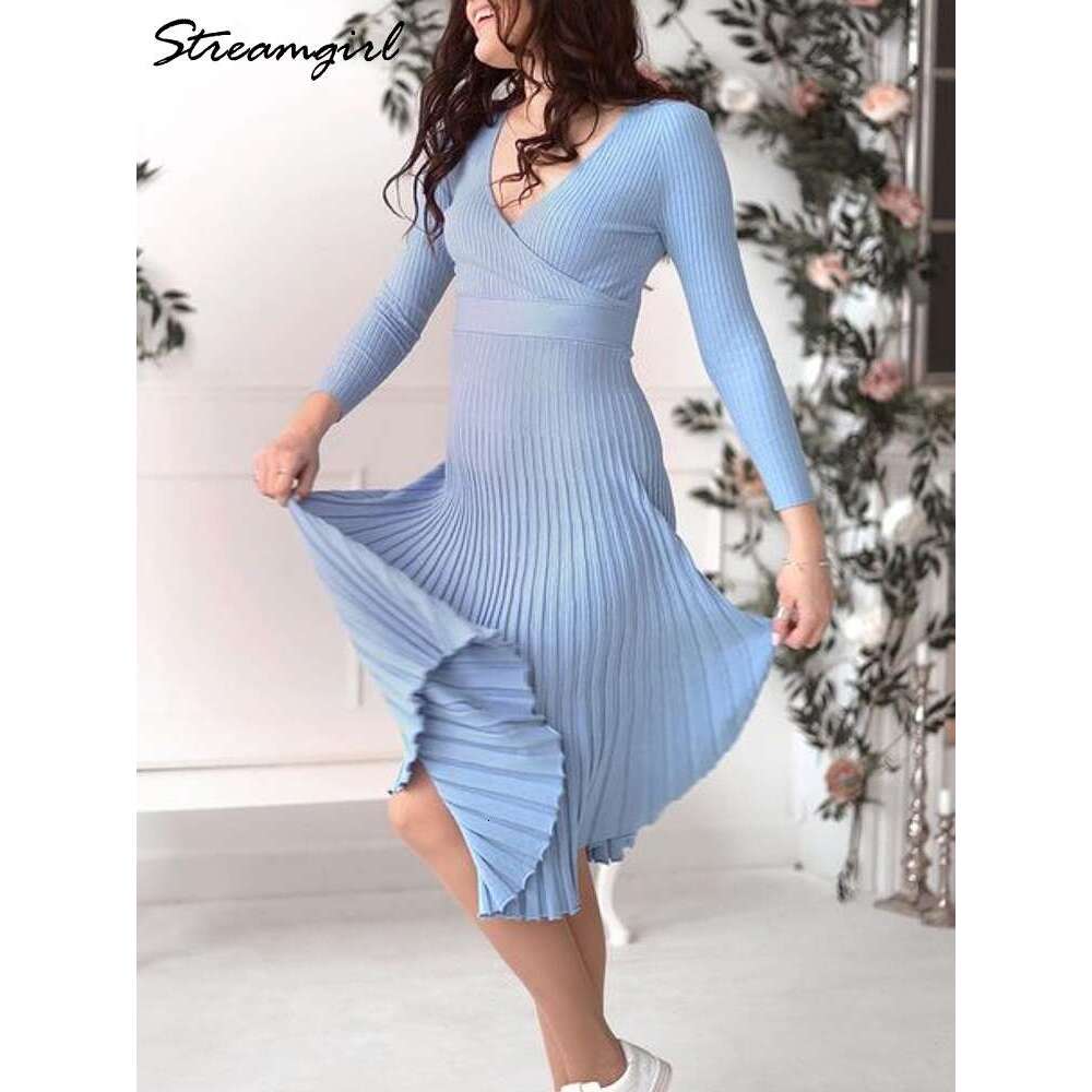 Pleated For 2023 Spring Autumn Sleeve Elegant Ladies Long Dresses V Neck Knitted Winer Women