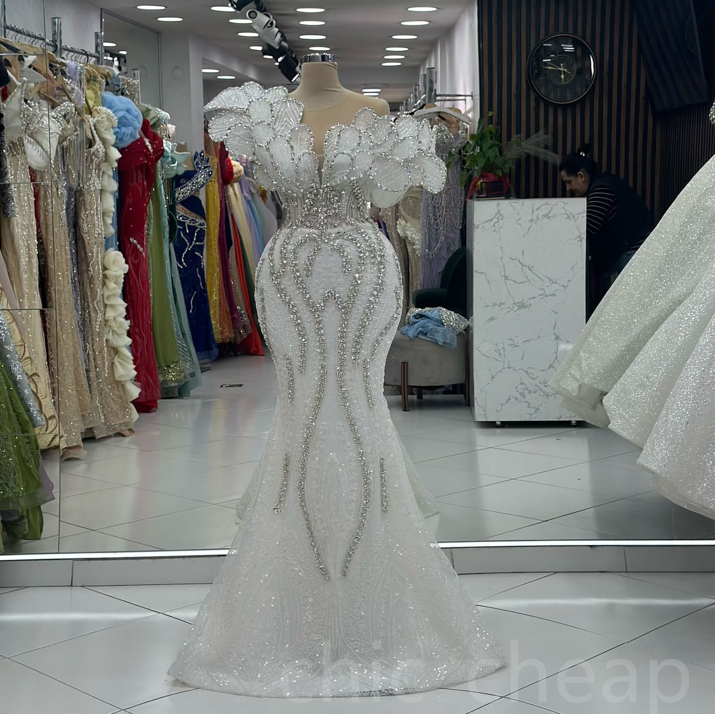 2024 Arabic Aso Ebi Plus Size Off White Mermaid Wedding Dresses Fully Beaded Rhinestones Florals Sparkly Bridal Gowns Dress ZJ032