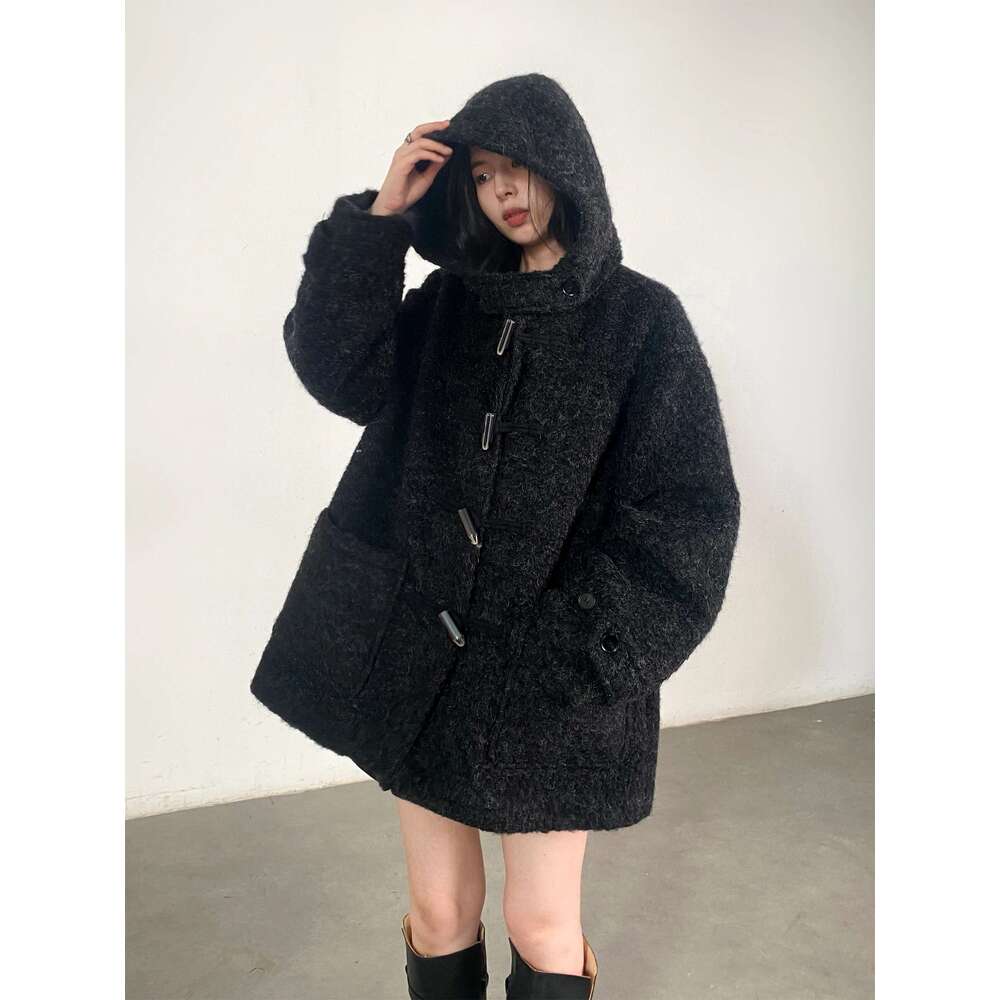 CHIC VEN Women's Woolen Loose Solid New Korean Black Coat Cow Horn Buckle Female Hooded Jacket Outerwear Autumn Winter 2024
