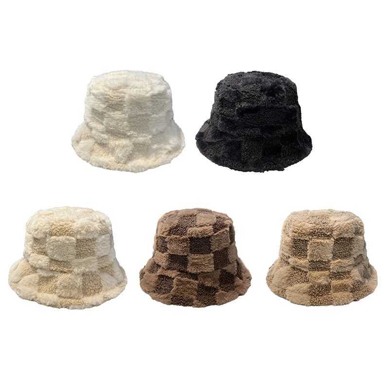 NEW-Checkered Bucket Hat Plush Adjustable Bucket Hat Furry Warm Fisherman Hat For Men Women For Winter SpringX241025
