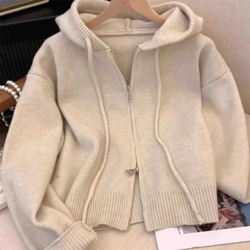 Spring and Autumn womens hooded sweater cardigan top 2024 womens loose zipper knitted jacket womens fashionable long sleeved jacket W241024