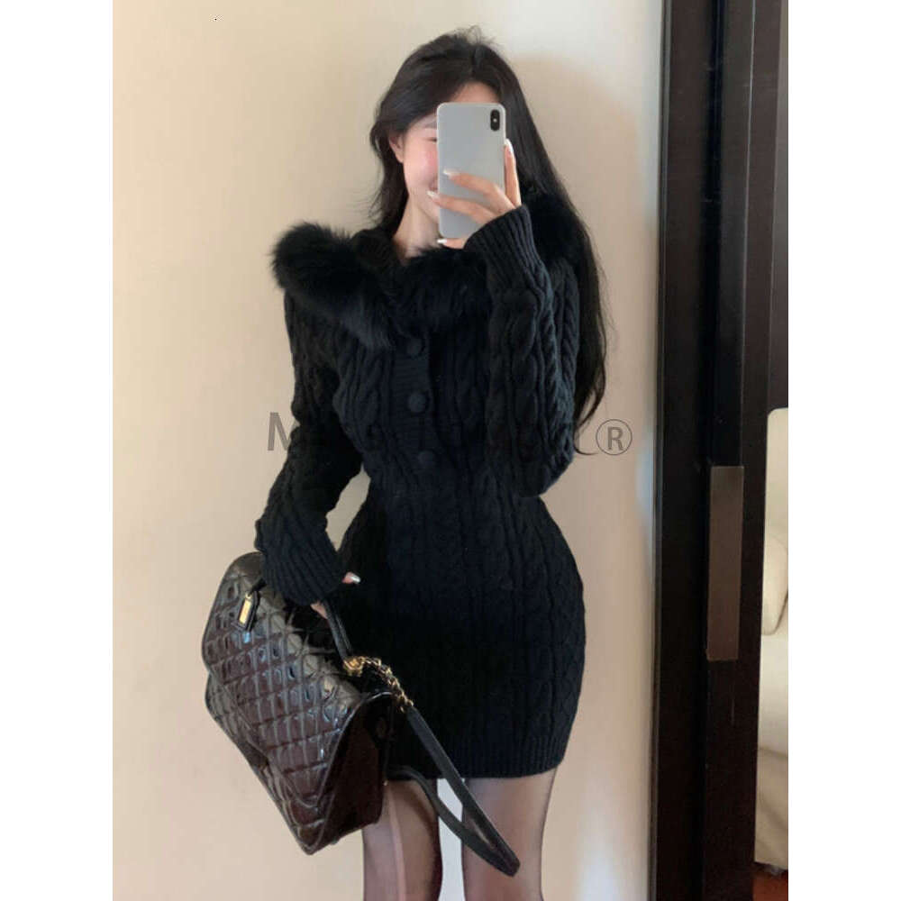 Christmas Red Elegant New Sweater Women Slim Fur Patchwork Hooded Knitted Dress Female Korean Fashion Casual Warm Clothes 2024