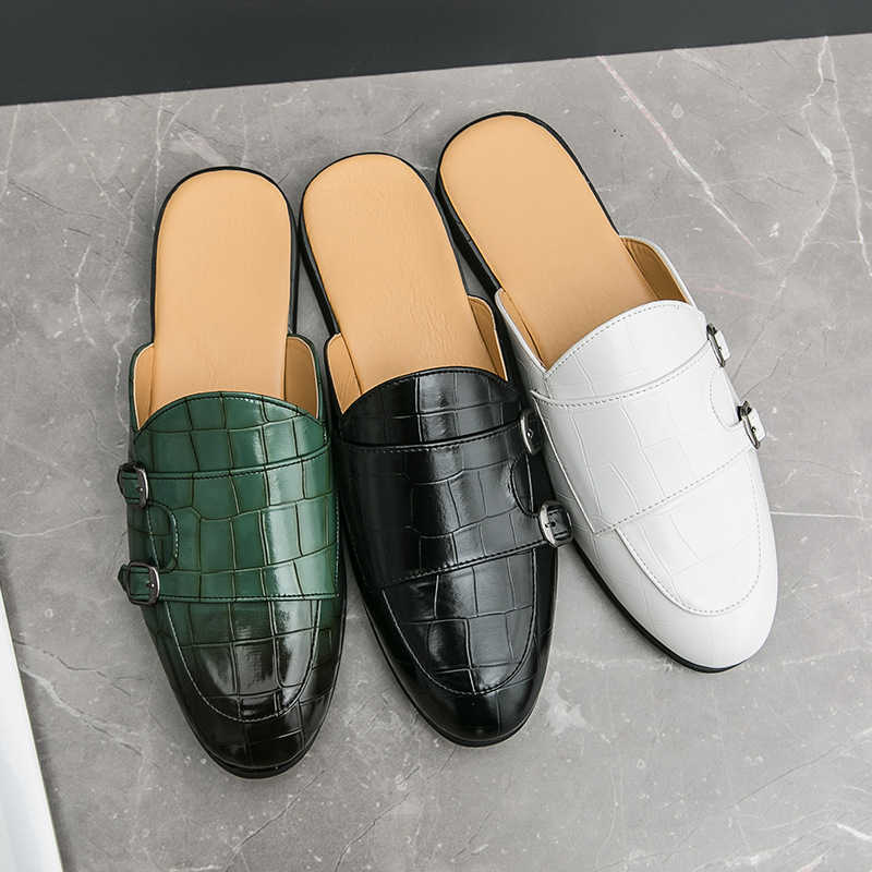Men Dress Shoes Summer Mens Casual Shoes Half Dragged Korean Edition Buckle Leather Shoes Half Dragged Small Shoes 241009