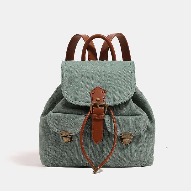 retro color blocking with a highend feel washed denim fabric small versatile fashionable backpack commuting