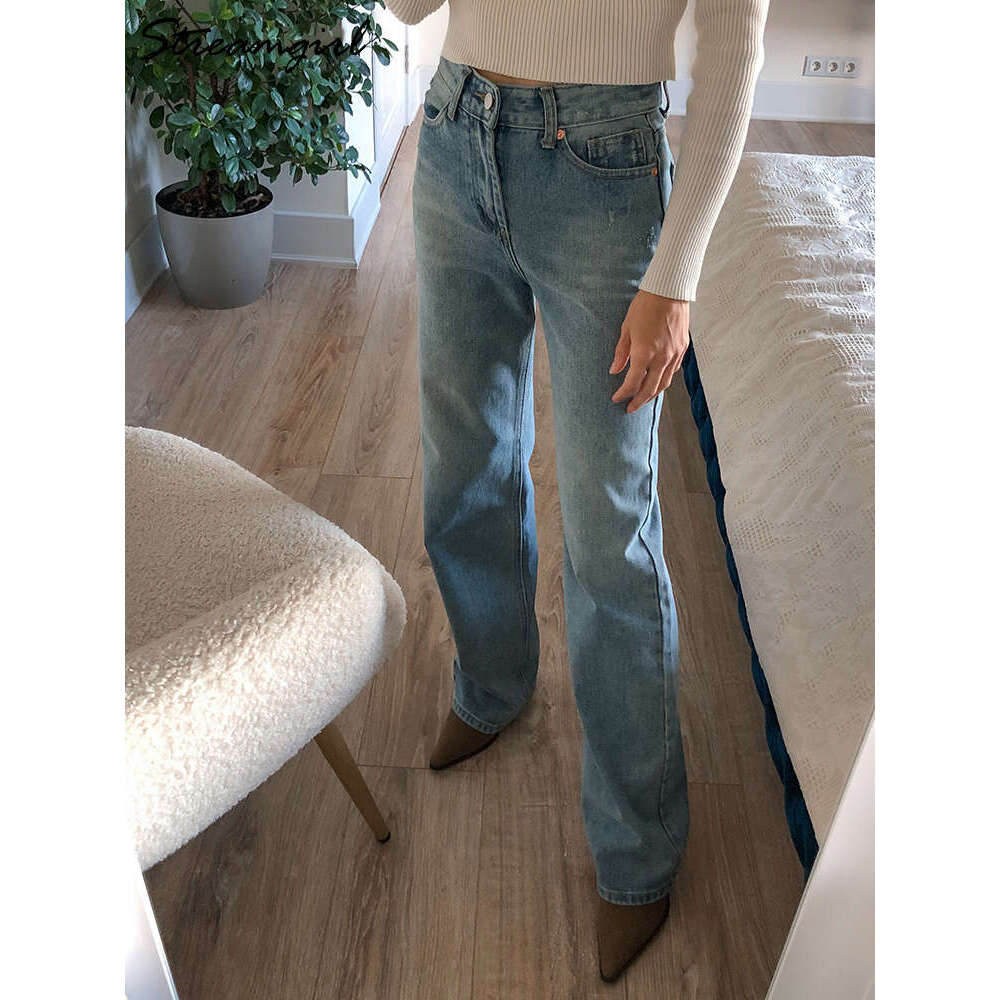 Streamgirl Autumn Wide Straight Leg 2023 Fashion Black Mom Long Jeans Pants For Women Denim Elegant