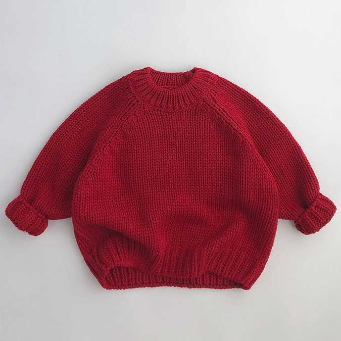 Baby Red Knitted Loose Sweater Childrens Boys and Girls New Years Top Childrens Thick Winter Knitted Soft Long Sleeve Baby Pulling Flower W241025