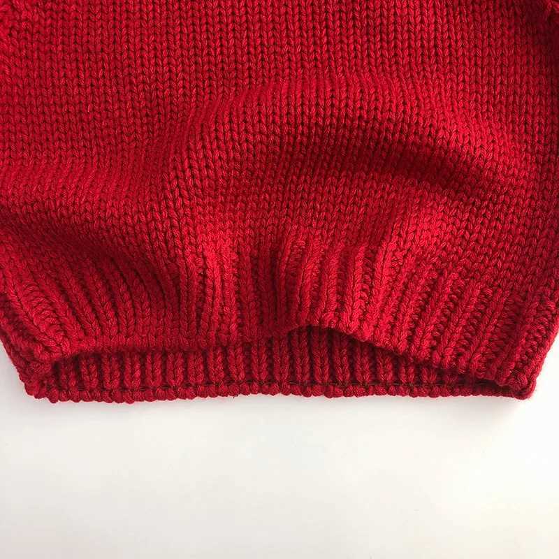 Baby Red Knitted Loose Sweater Childrens Boys and Girls New Years Top Childrens Thick Winter Knitted Soft Long Sleeve Baby Pulling Flower W241025