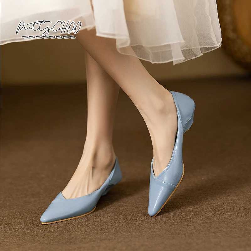 High Quality Brand Design Hollow Folding Heel Womens Soft Leather Dot Toe Dress Shoes Womens Comfortable Office Zapatos Blue T241024