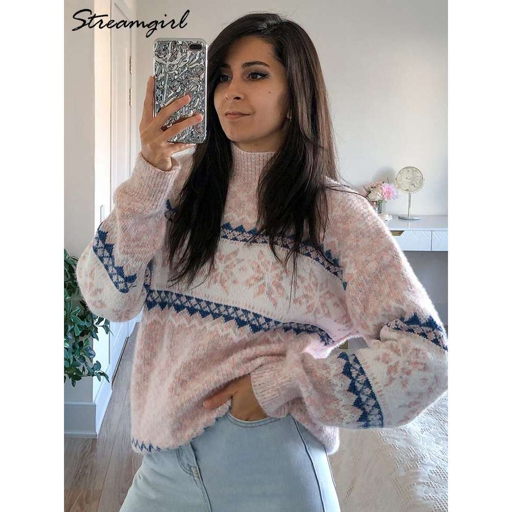 Streamgirl Thick Chenille Christmas 2023 Winter Half-High Collar Knit Pullovers Soft Warm Snow Sweaters For Women