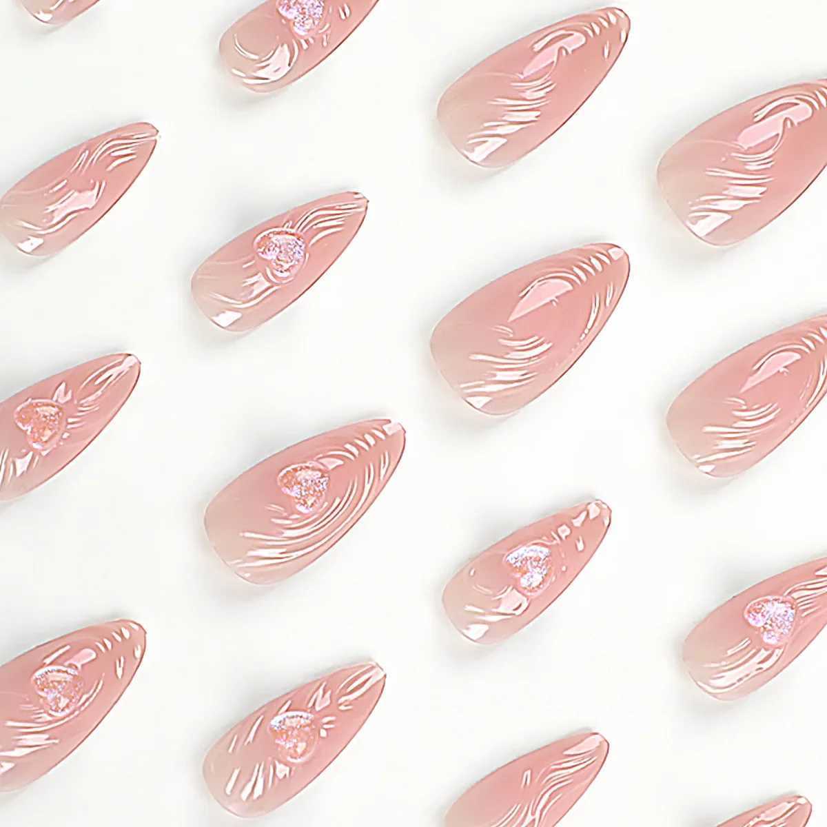 24Pcs 3D Long Press on Almond Water Wave Acrylic False Nails Stick on Wearable Artificial Nails Art Perfect for Women and GirlsXJ241025