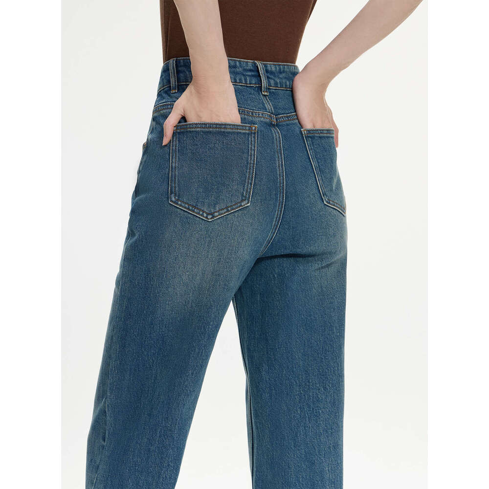 FSLE Office Lady Retro Fringed Mid Rise Straight Leg Mop Jeans 2024 Winter New Versatile Women Casual Loose Pants 24Fs14298