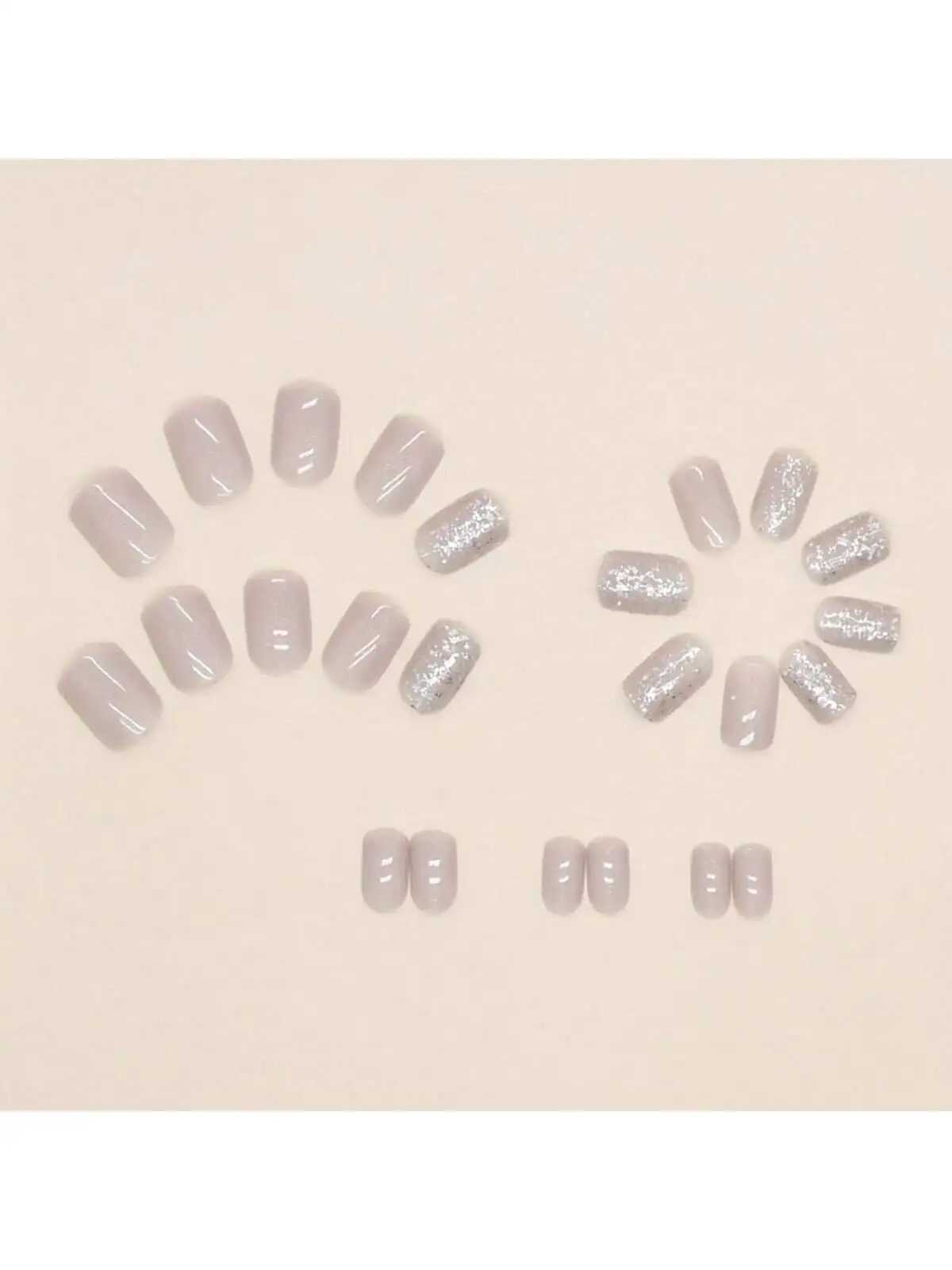 24pcs Glossy Short Square Fake Nails Nude Color Press On Nails With Shiny Sequin Design Minimalist Style False Nails With 1 NaXJ241025