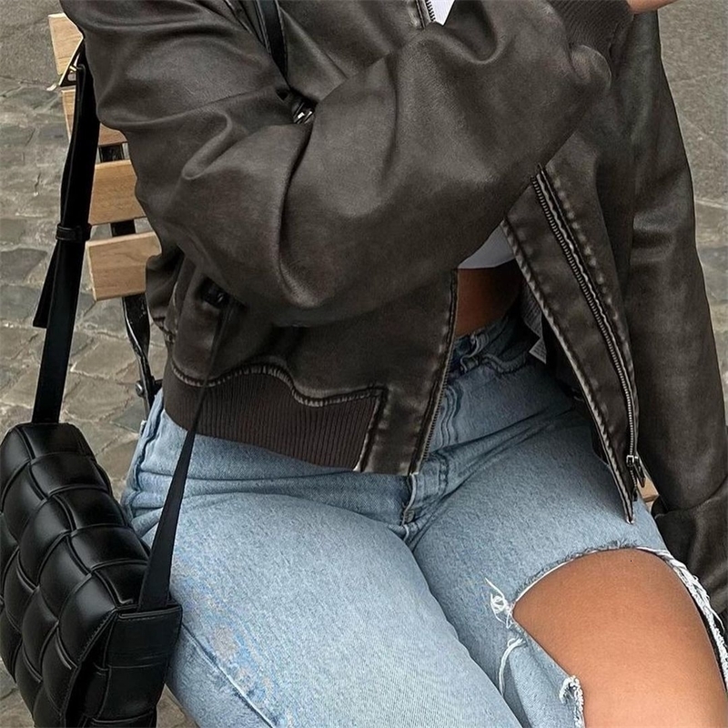 RARF Women Washed Leather Loose Jacket Vintage Stand Collar Gradient Zipper Short Coat Spring Lady Locomotive Style Chic y241009