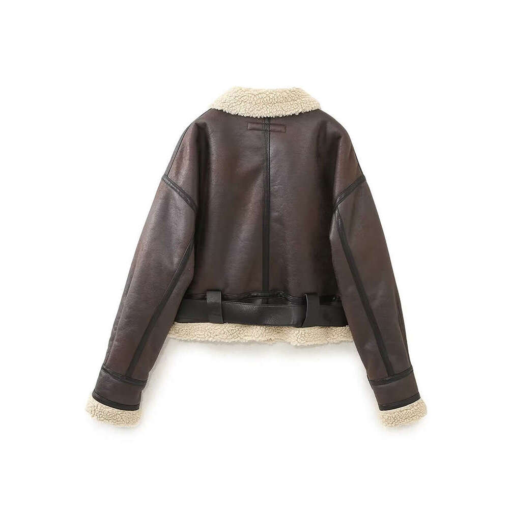 KAOPU ZA Women Faux Fur Trims Thick Warm Winter Double-Faced Biker Jacket Coat Vintage Long Sleeve Female Outerwear Chic Tops