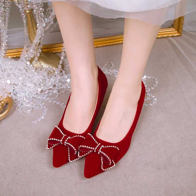 High Quality Spring/Summer New Rhine Bow Red Bridal High Heels Womens Pointed Slide Pump Large Wedding Shoes T241024
