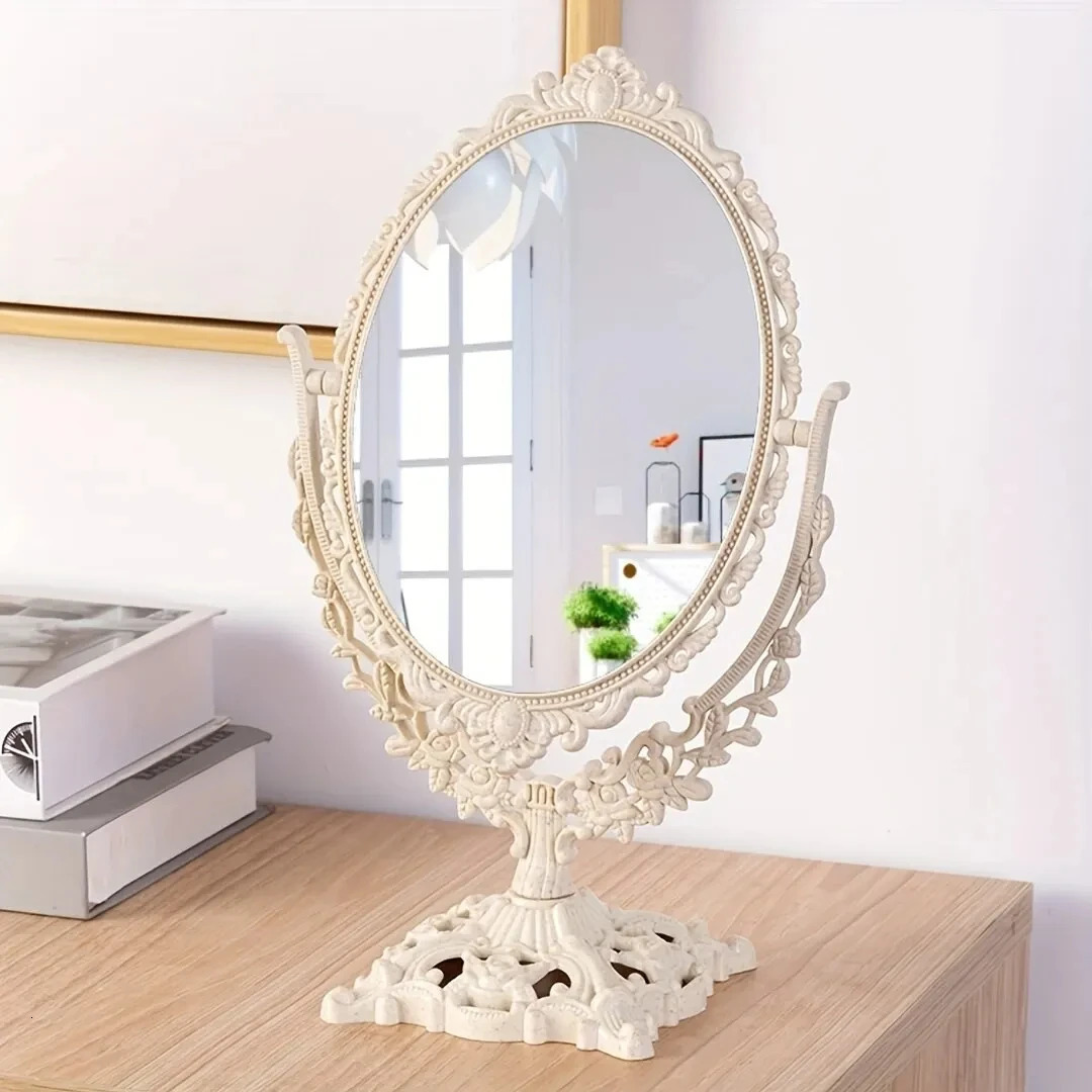 Women Desk Table Beige Vintage Makeup Oval Shape Thickened ABS Mirror European Desktop Double Sided Minimalist 241024