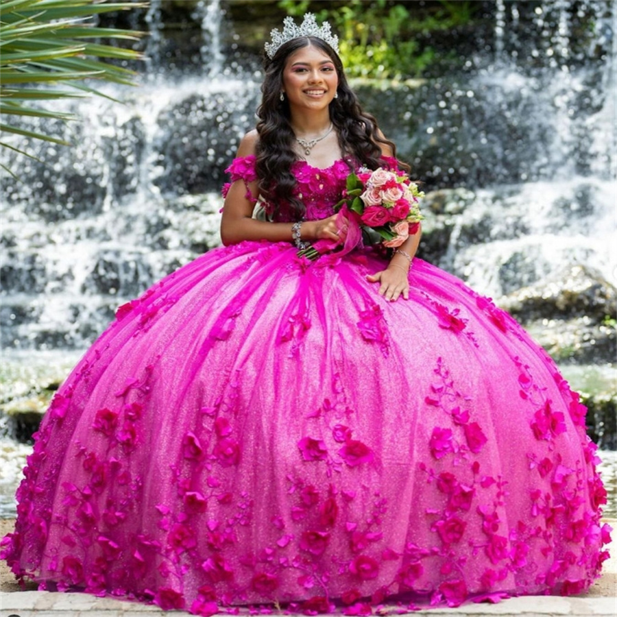 Gorgeous Hot Pink Quinceanera Dresses 2025 Luxury Puffy Tulle 3D Flower Florals Fifteen Birthday Dress Elegant Vestido De 15 Anos Luxury Sweet 16 Part