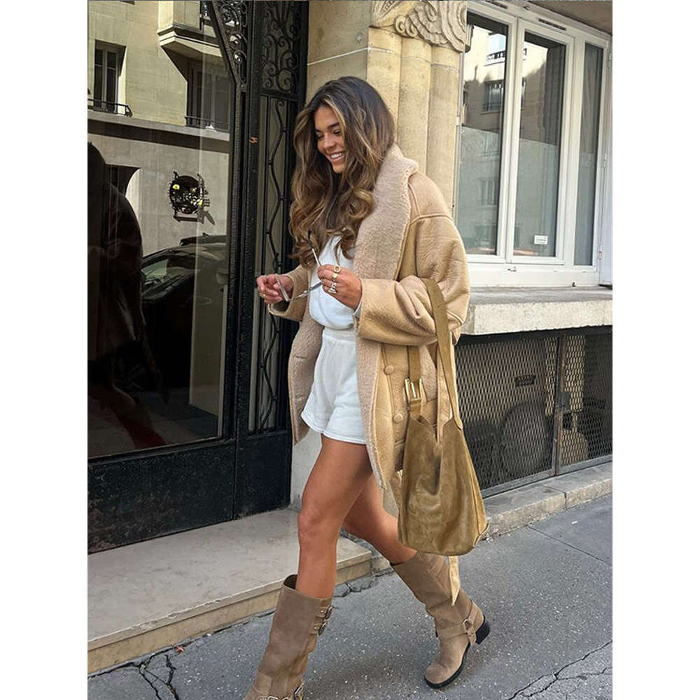 Fashion Adjustable Lace-Up Lapel Plush Coat Warm Full Sleeve Single-Breasted Double Pockets Slim Jacket New Lady Streetwear