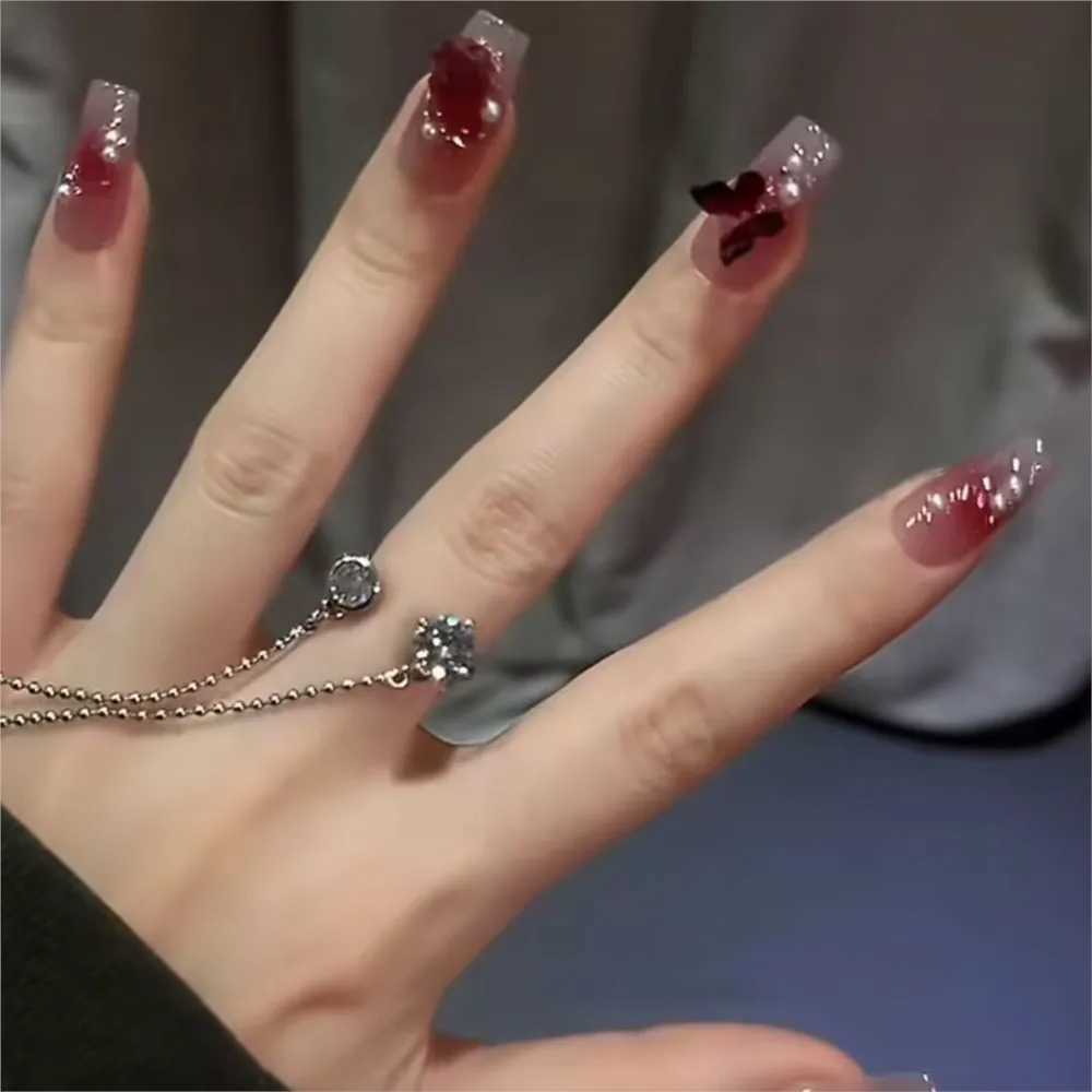 24pcs Grape Purple Blush Press On Nails Medium Coffin Fake Nails With 3D Camellia Butterfly Design Stick On Nails False Nail TipXJ241025