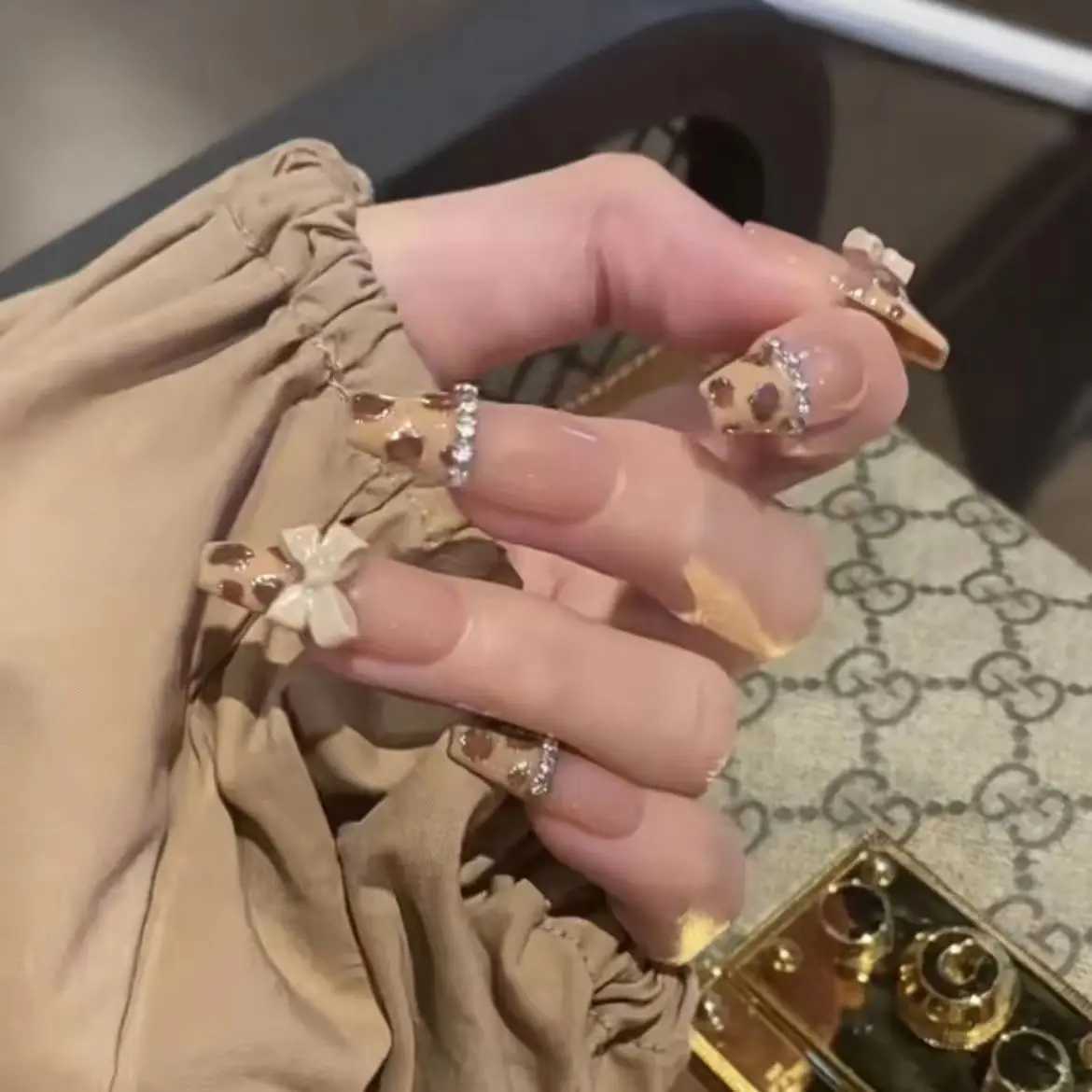 10Pcs Handmade Advanced Leopard French Press On Nail With Bowknot Ballerina Wearable Fake Nail Artificial Nail ArtXJ241025