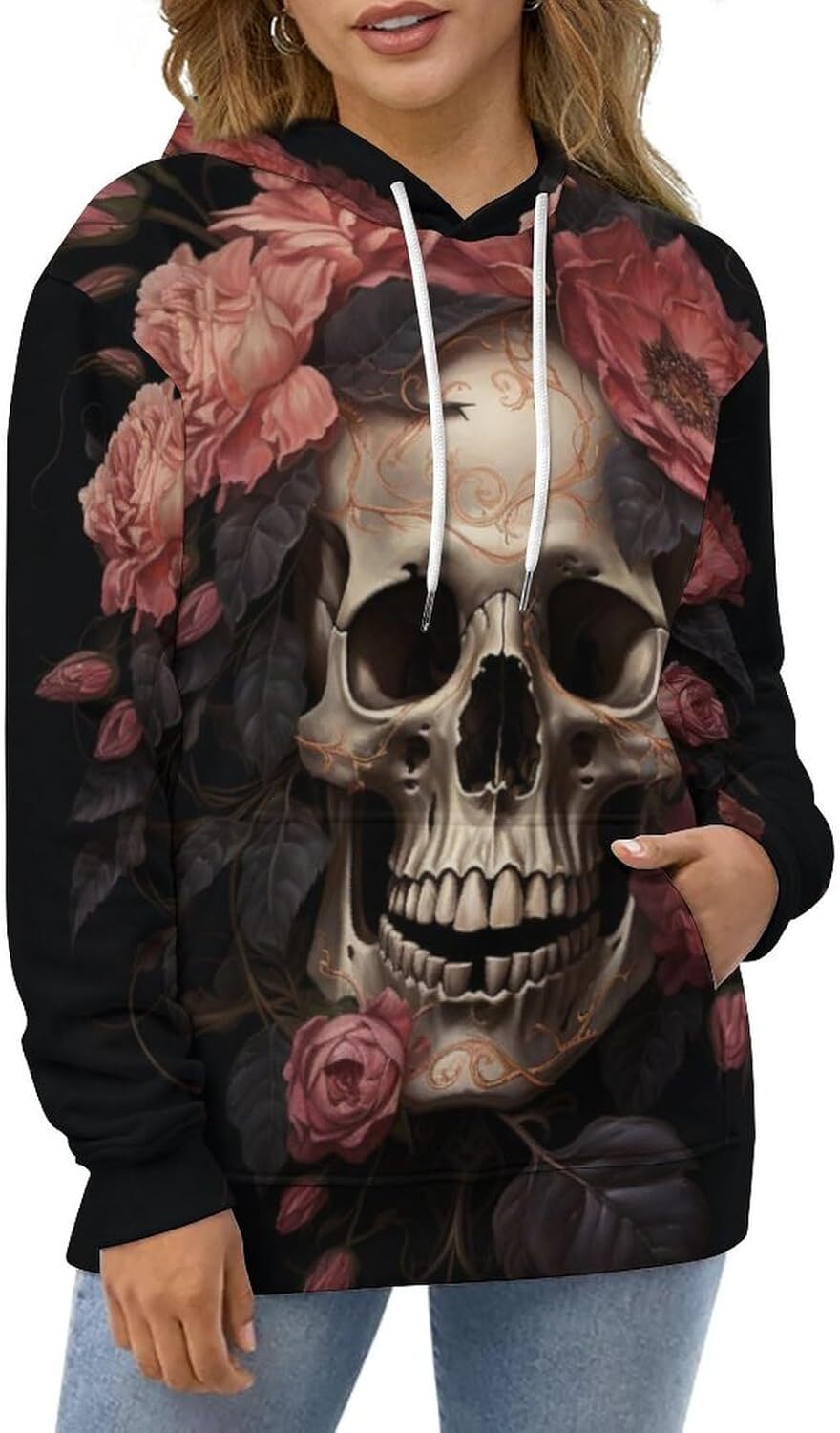 Hoodie for Mens Womens Skull with Rose Graphic Novelty Hoodies Casual Pullover for Men Women Graphic Hoodies sweatshirt Pullover Long Sleeve Warm