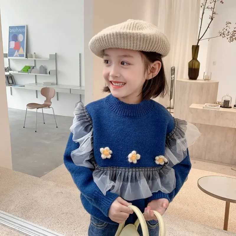 2024 Autumn Winter Baby Girls Knitted 3D Lace Thick Velvet Childrens Girls Sweater Round Neck Childrens Girls Zipper W241025