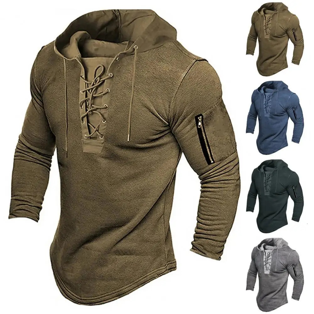 No Ironing Men Hoodie Vintage Laceup Stylish Mens Pullover with Zipper Detailing Slim Fit for Spring Fall Casual Style 241025