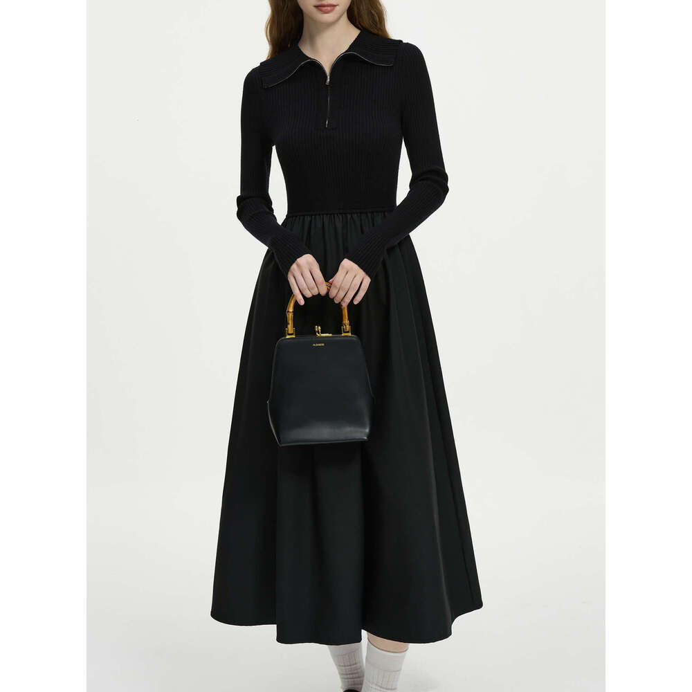 FSLE Elegant Lapel Knit Splicing Chic Black For Women 2024 Autumn Winter New Design Versatile Casual Long Dress 24Fs14251
